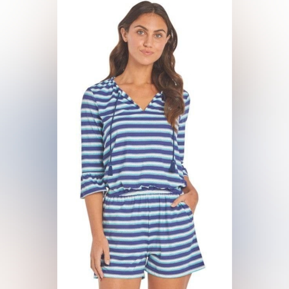 CABANA LIFE Blue/White Striped--Raffle sleeves- Pockets-Tassels  Romper UPF 50+